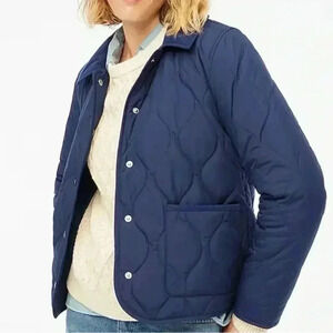 J.Crew Quilted Barn Tack Jacket Corduroy Collar Women Navy Blue Medium NEW